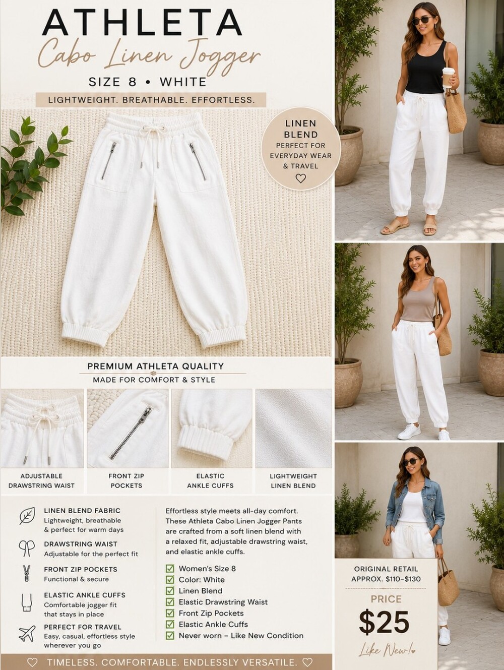 Athleta Cabo Linen Jogger Pants White Size 10 Linen Blend EUC